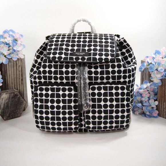 Kate Spade Noel Black White Nylon Jacquard Drawstring Large Backpack Bag NWT - Picture 1 of 8